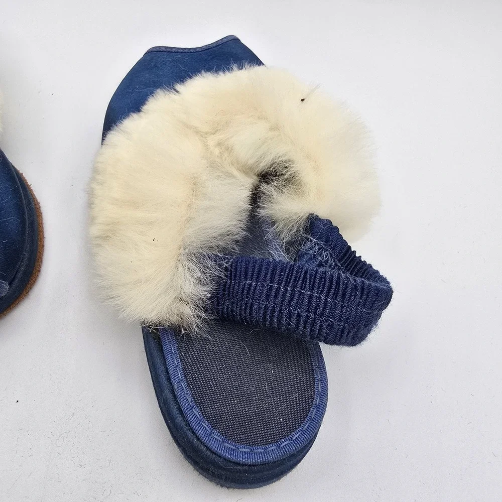 Vtg Antique Children Girls Shoes Blue Satin Fur Classy Formal Sandals‎